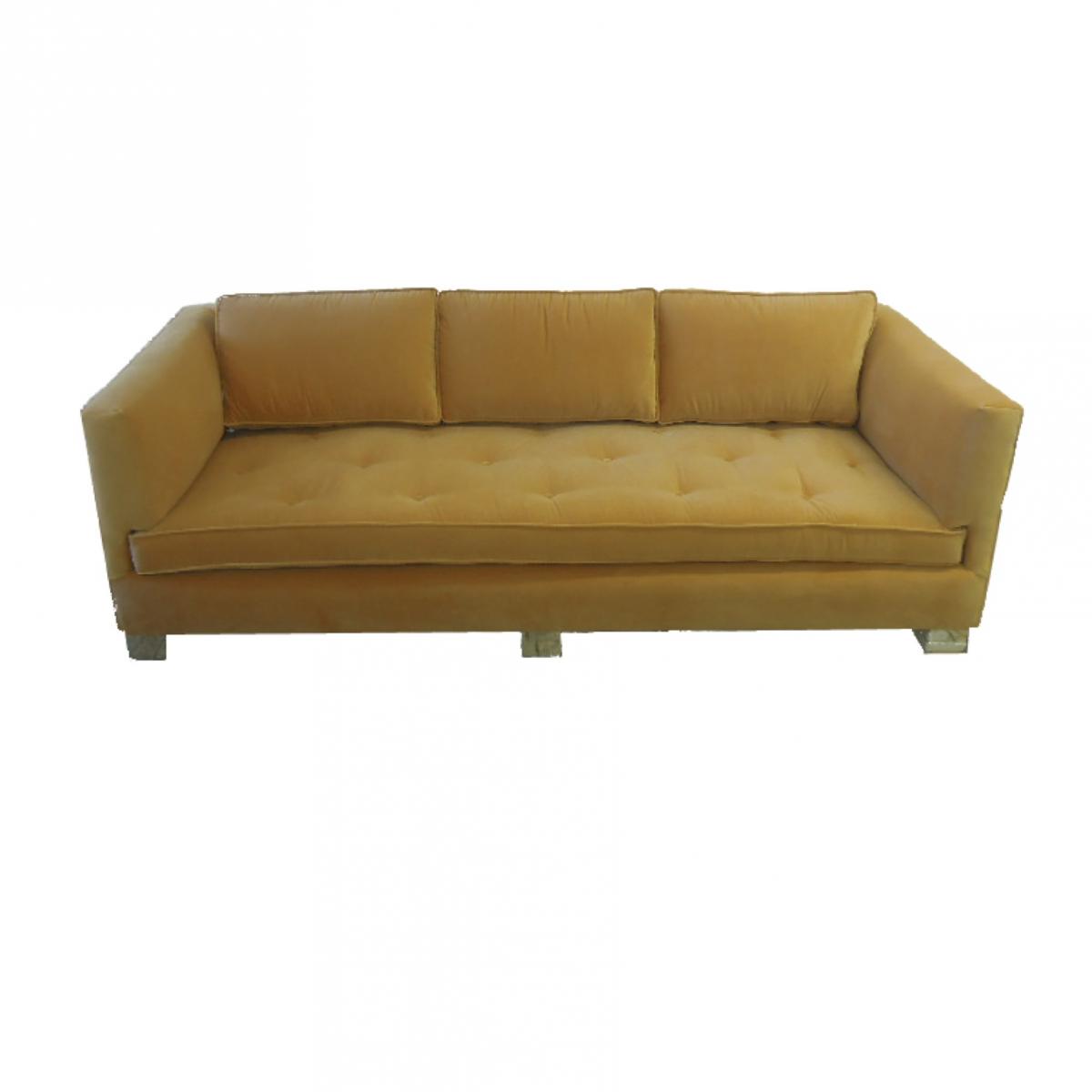 Reupholstered yellow velvet modular sofa with tufting