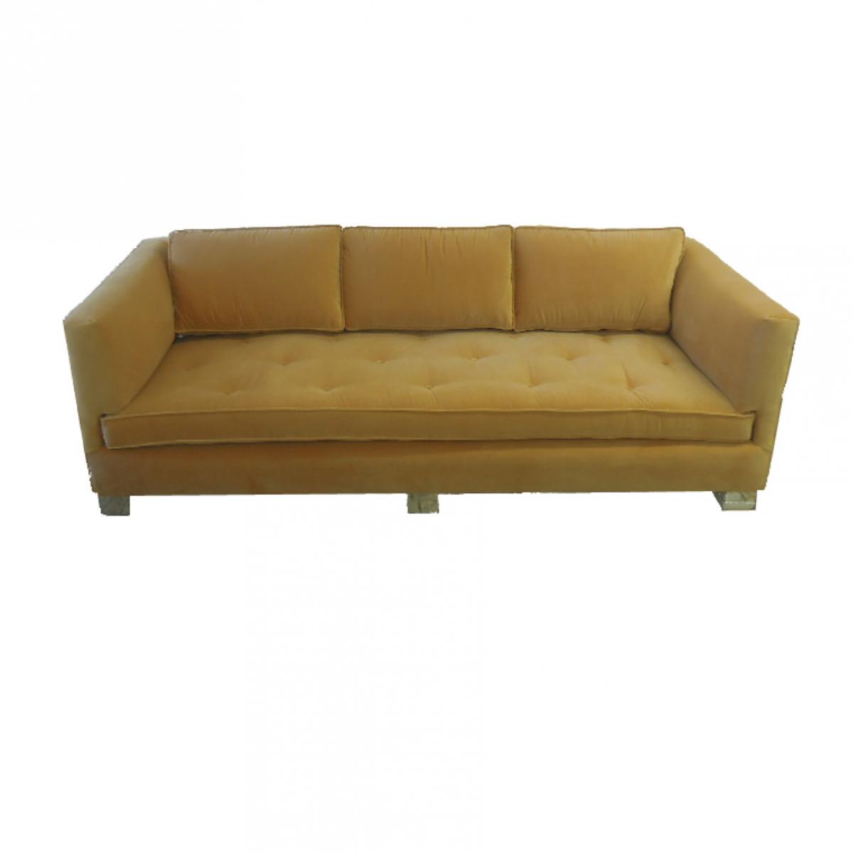 Reupholstered yellow velvet modular sofa with tufting Reupholstered yellow velvet modular sofa with tufting