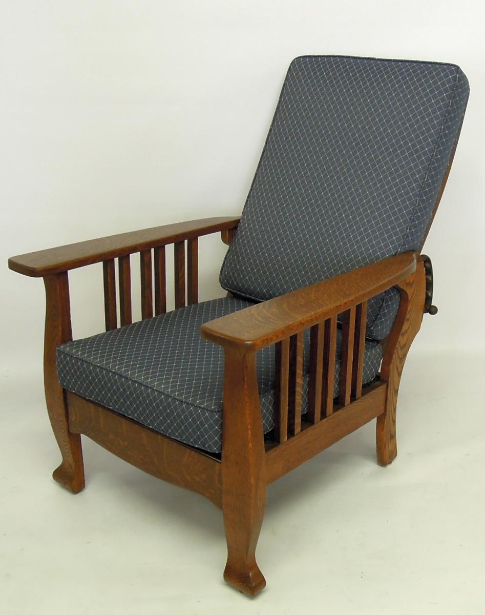 Mission chair with reupholstered in Robert Allen blue fabric
