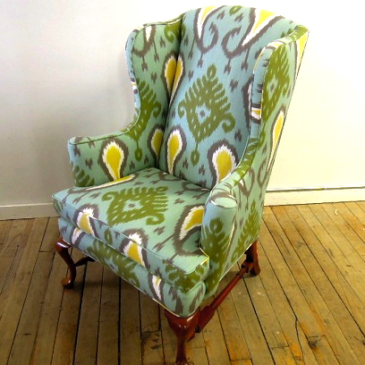 Wingchair reupholstered in Robert Allen fabric Wingchair reupholstered in Robert Allen fabric